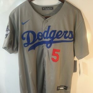 Nike Dodgers Gray Jersey with Blue Script and Red Number 5 Freddie Freeman